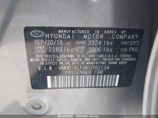 KMHD74LF8KU782124 Hyundai ELANTRA SE