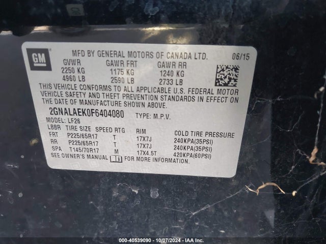 Chevrolet EQUINOX LS 2015 2GNALAEK0F6404080 Image 9