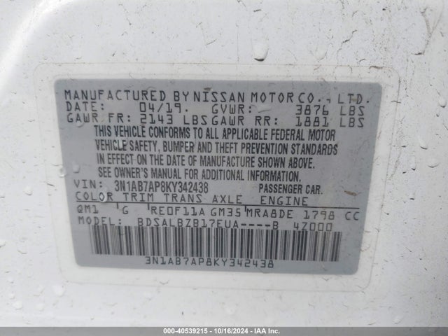 Nissan SENTRA S 2019 3N1AB7AP8KY342438 Image 9