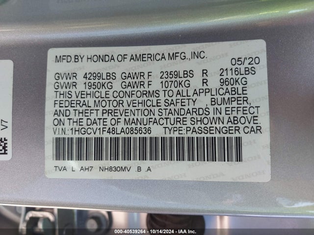Honda ACCORD EX 2020 1HGCV1F48LA085636 Image 9