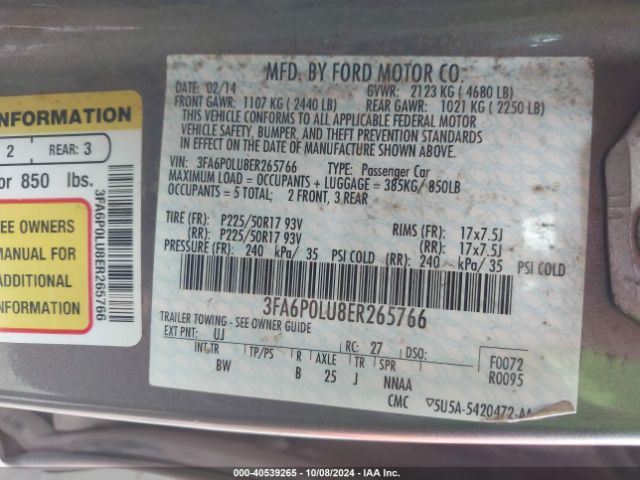 3FA6P0LU8ER265766 Ford Fusion Hybrid Se