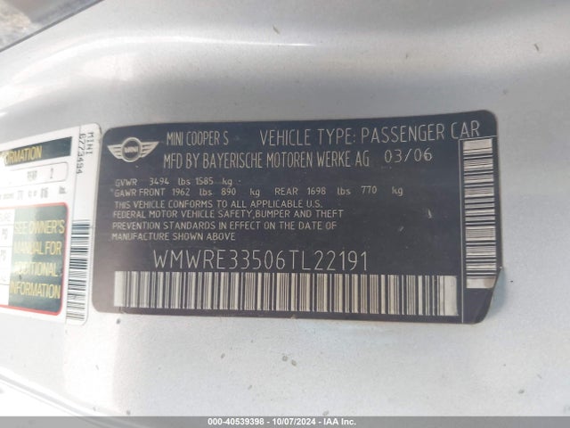 2006 MINI COOPER S WMWRE33506TL22191 Photo 8