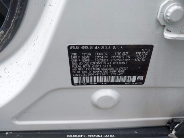 3CZRU5H57NM722671 Honda Hr-v 2wd Ex