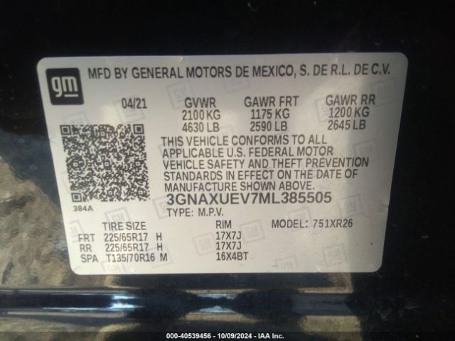 3GNAXUEV7ML385505 Chevrolet Equinox Awd Lt