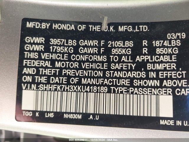 Honda Civic Lx 2019 SHHFK7H3XKU418189 Image 9