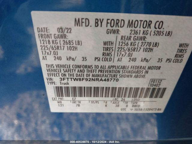 3FTTW8F92NRA48770 Ford Maverick Xlt