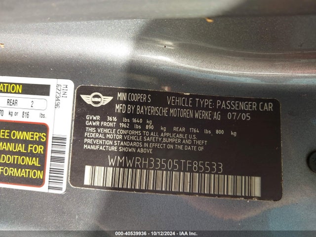 2005 MINI COOPER S WMWRH33505TF85533 Photo 8