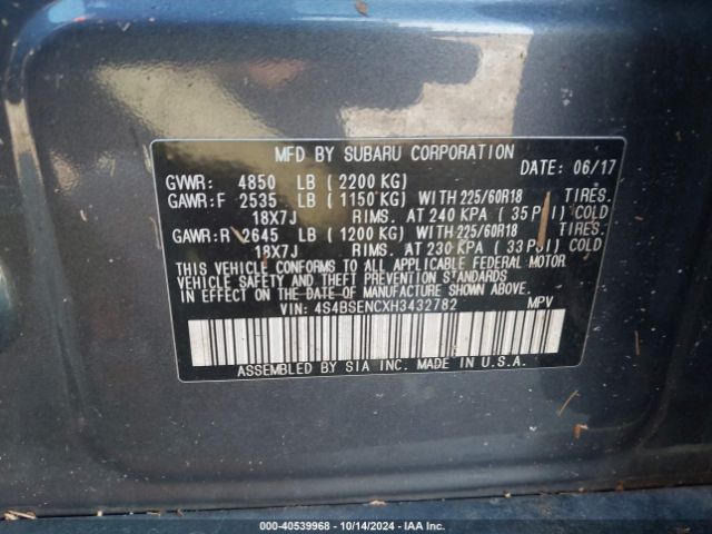 4S4BSENCXH3432782 Subaru Outback 3.6r Limited