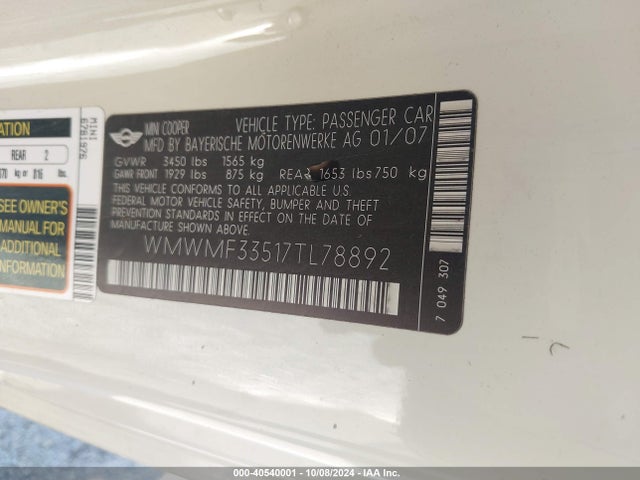 2007 MINI COOPER WMWMF33517TL78892 Photo 8