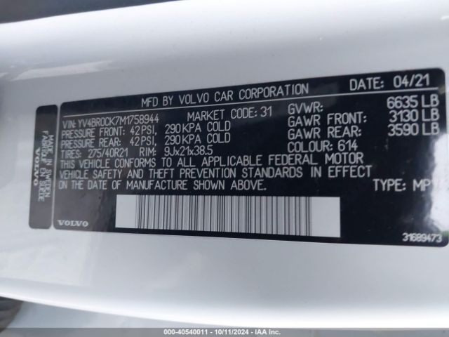 YV4BR0CK7M1758944 Volvo Xc90 Recharge Plug-in Hybrid T8 Inscription Expression 7 Passenger