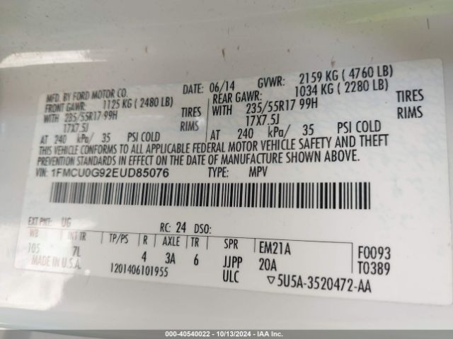 1FMCU0G92EUD85076 Ford ESCAPE SE