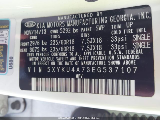 5XYKU4A73EG537107 KIA Sorento Ex V6