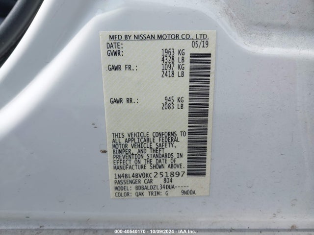Nissan Altima 2.5 S 2019 1N4BL4BV0KC251897 Image 9