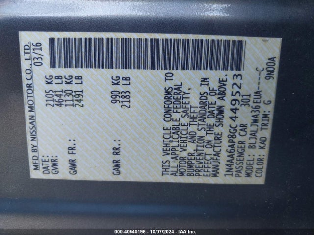Nissan Maxima 3.5 Sv 2016 1N4AA6AP8GC449523 Image 9