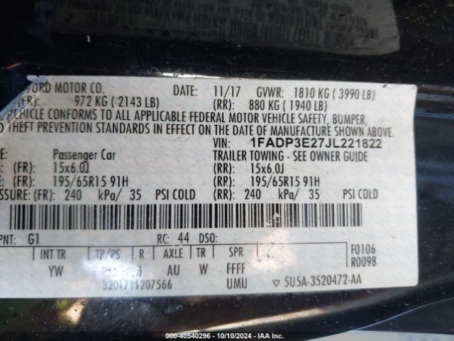1FADP3E27JL221822 Ford FOCUS S