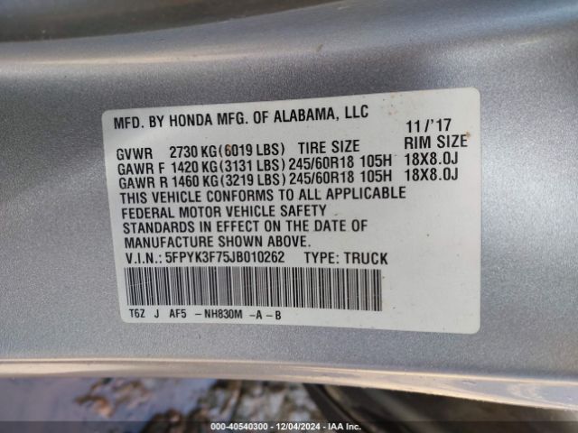 5FPYK3F75JB010262 Honda Ridgeline Rtl-e