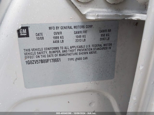 40540398 :رقم المزاد ، 1G8ZV57B89F178661 vin ، 2009 Saturn Aura Xr مزاد بيع