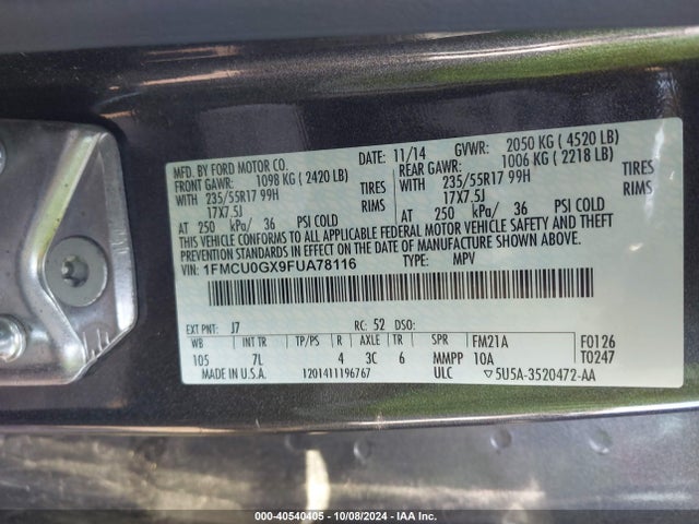 Ford ESCAPE SE 2015 1FMCU0GX9FUA78116 Image 9