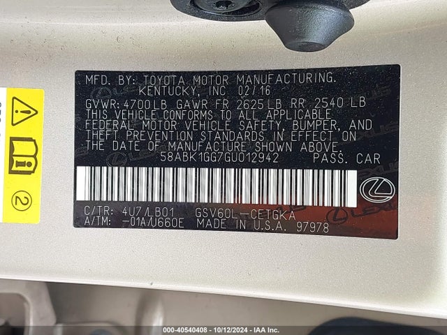 Lexus ES 350 2016 58ABK1GG7GU012942 Image 9