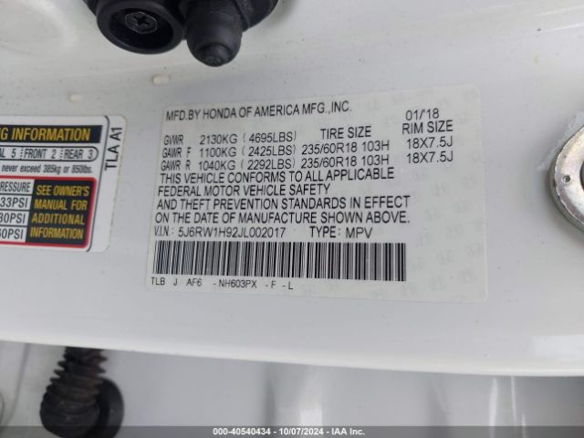 5J6RW1H92JL002017 Honda Cr-v Touring