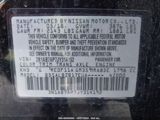 3N1AB7AP7JY314192 Nissan SENTRA S