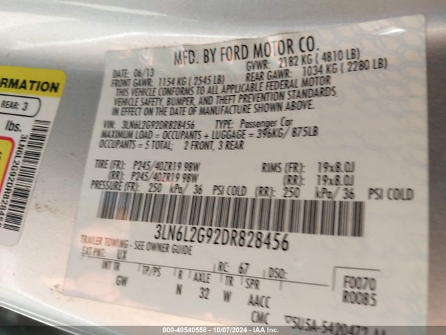 Aukcja sprzedaży 2013 Lincoln Mkz, vin: 3LN6L2G92DR828456, numer aukcji: 40540558