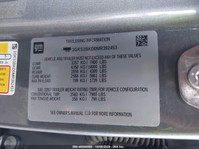 1GKS1BKD0MR392453 GMC Yukon 2wd Slt