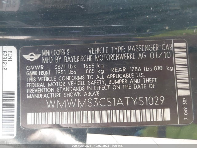 2010 MINI COOPER S WMWMS3C51ATY51029 Photo 8