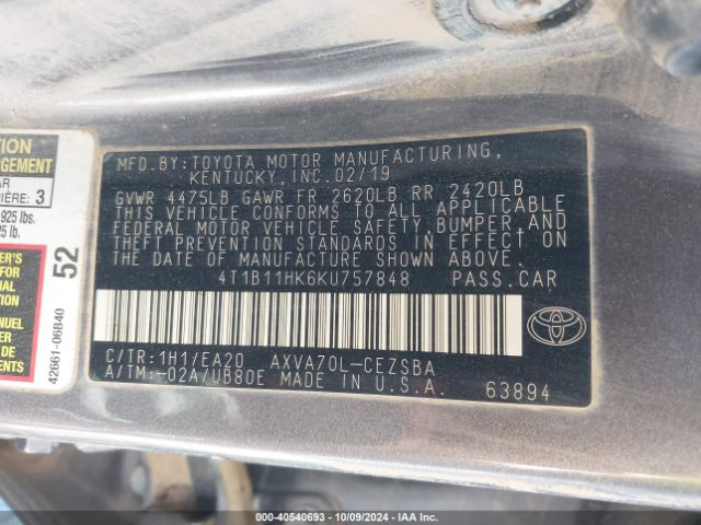 4T1B11HK6KU757848 Toyota CAMRY SE
