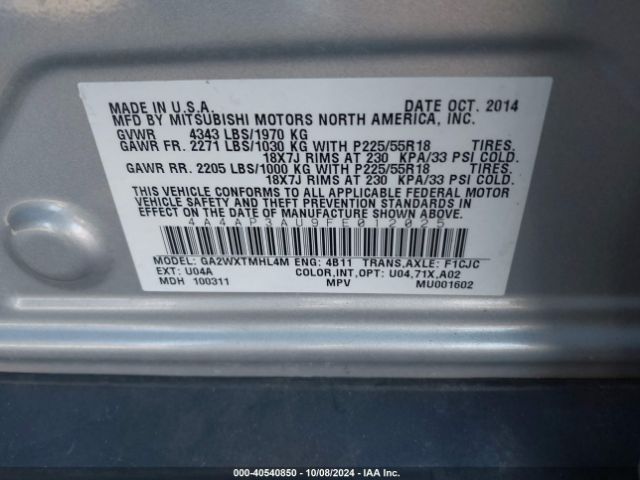 4A4AP3AU9FE012025 Mitsubishi Outlander Sport Es