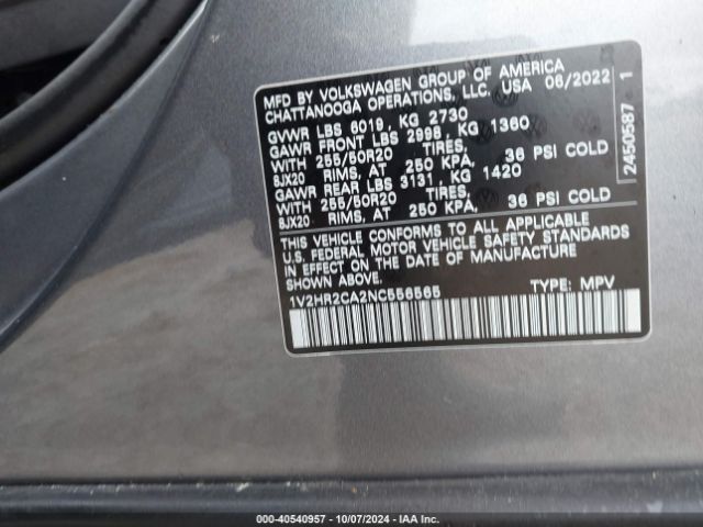 1V2HR2CA2NC556565 Volkswagen Atlas 3.6l V6 Se W/technology
