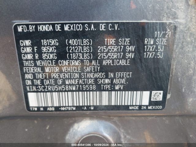 3CZRU5H58NM719598 Honda Hr-v 2wd Ex