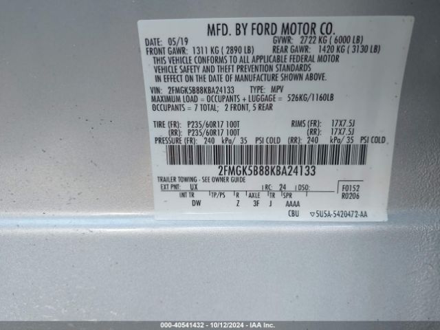 2FMGK5B88KBA24133 Ford FLEX SE