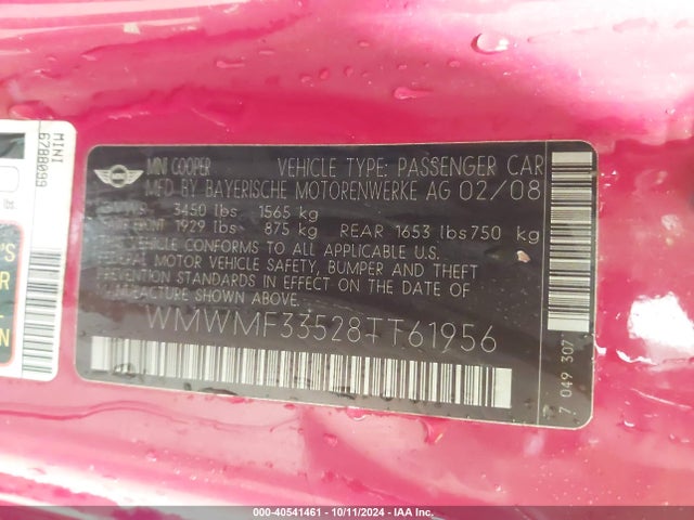 2008 MINI COOPER WMWMF33528TT61956 Photo 8