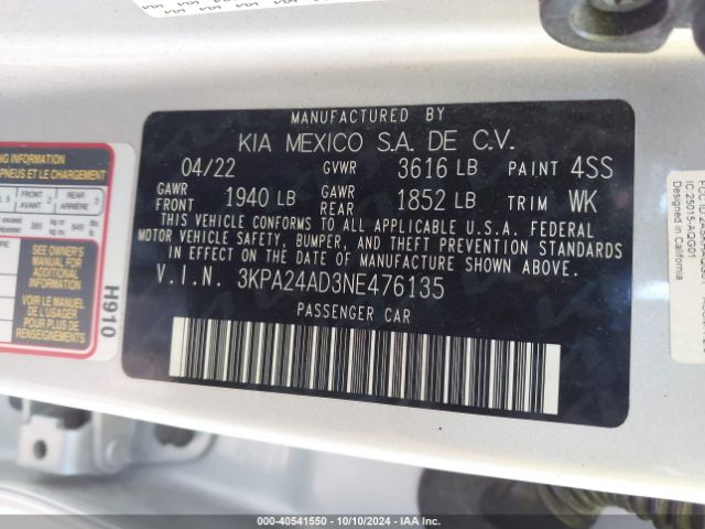 3KPA24AD3NE476135 KIA RIO S
