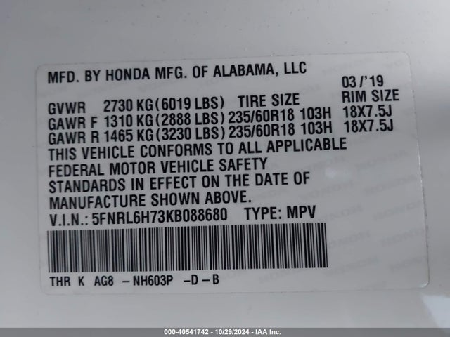 Honda Odyssey Ex-l 2019 5FNRL6H73KB088680 Image 9