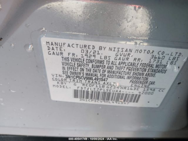 3N1CP5CV9ML491547 Nissan Kicks Sv Xtronic Cvt