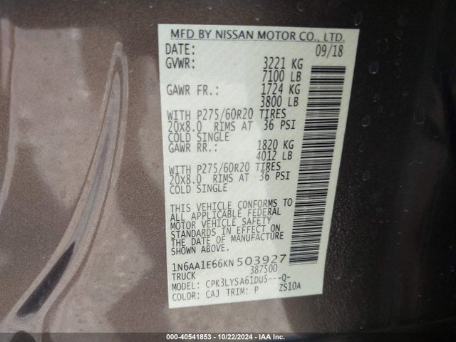 1N6AA1E66KN503927 Nissan Titan Platinum Reserve