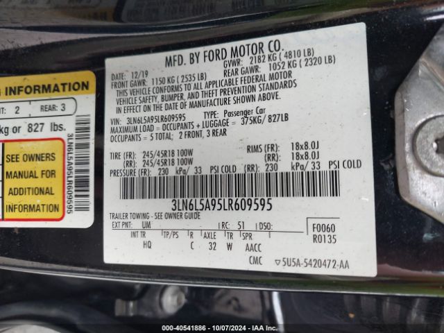 3LN6L5A95LR609595 Lincoln Mkz Standard