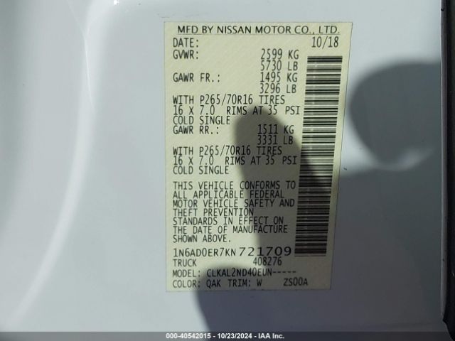 1N6AD0ER7KN721709 Nissan Frontier Sv