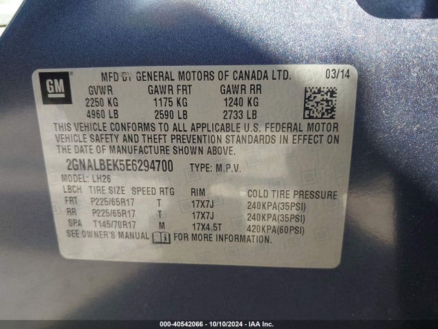Chevrolet EQUINOX 1LT 2014 2GNALBEK5E6294700 Image 9