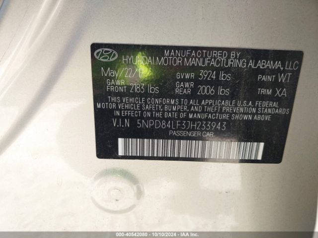 5NPD84LF3JH233943 Hyundai Elantra Value Edition