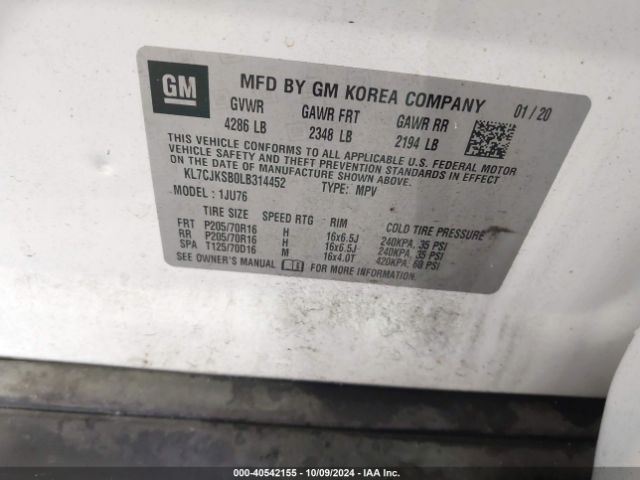KL7CJKSB0LB314452 Chevrolet Trax Fwd Ls