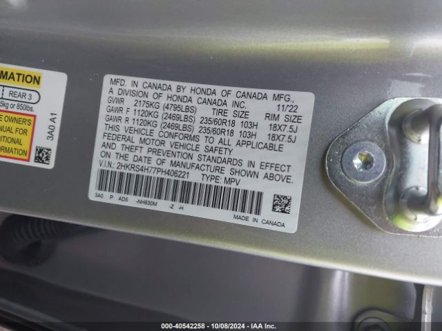 2HKRS4H77PH406221 Honda Cr-v Ex-l Awd