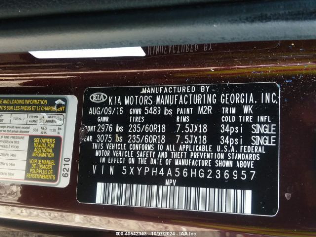 5XYPH4A56HG236957 KIA Sorento 3.3l Ex