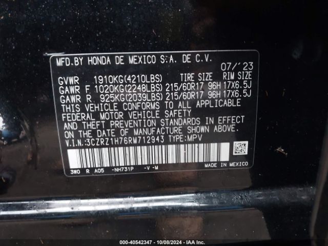 3CZRZ1H76RM712943 Honda Hr-v 2wd Ex-l/2wd Ex-l W/o Bsi