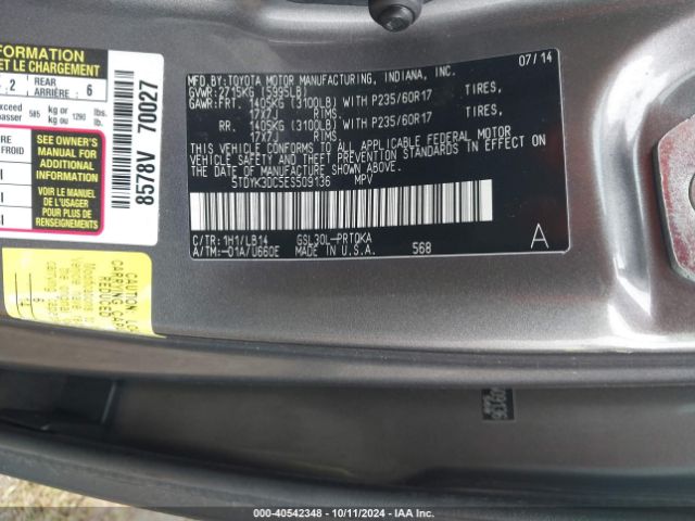 5TDYK3DC5ES509136 Toyota Sienna Xle V6 8 Passenger