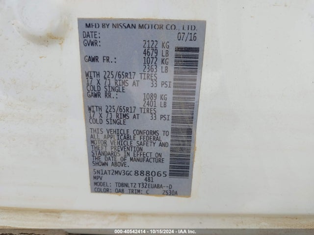 Nissan ROGUE SV 2016 5N1AT2MV3GC888065 Image 9