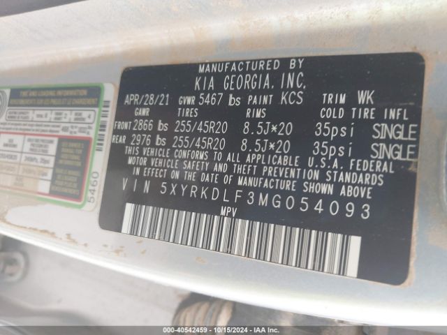 5XYRKDLF3MG054093 KIA SORENTO SX