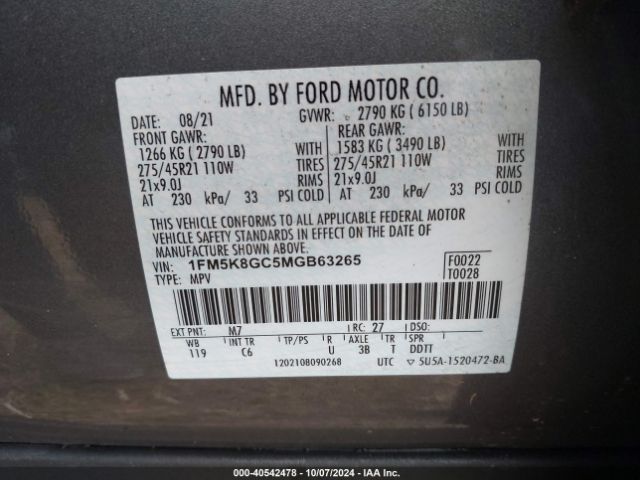1FM5K8GC5MGB63265 Ford Explorer St